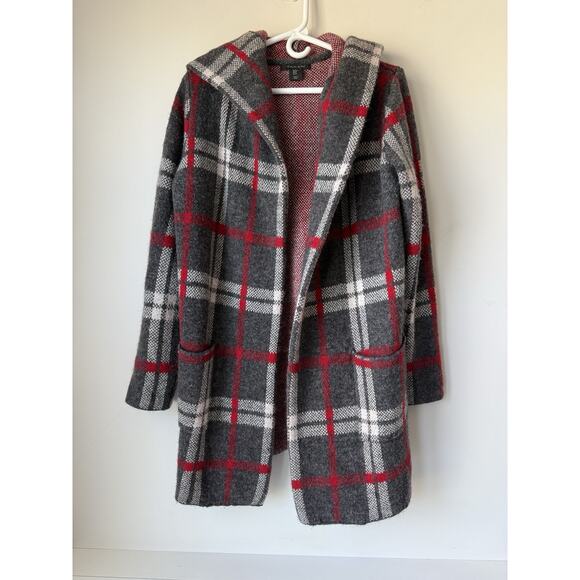 Tahari Open Front Cardigan Size M Wool Blend Sweater Jacket Grey Red Plaid - Picture 1 of 6
